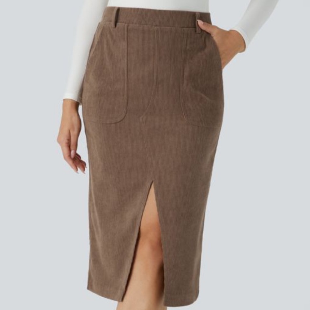 NWT HALARA Mid Rise Side Pocket Split Midi Corduroy Casual Skirt Size:Medium
